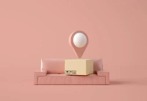 3D Illustration. Map pointer with cardboard box. Stock Photos