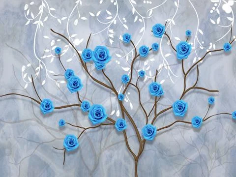 3d illustration, marble background, blue rose buds on a thin tree Stock Illustration
