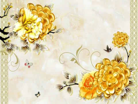 3d illustration, marble background, large golden fabulous flowers Stock Illustration