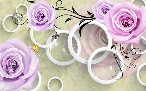 3d illustration, marble background, white rings, purple roses Stock Illustration