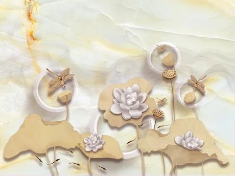 3d illustration, marble background, white rings, beige leaves, flowers, goldfish Stock Illustration