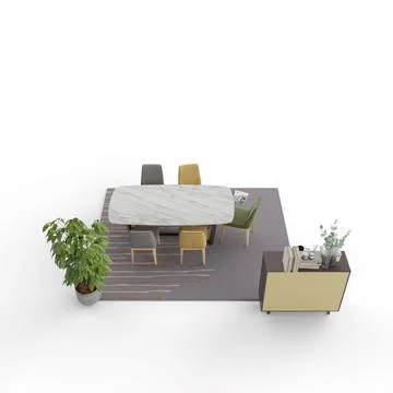 3D illustration of a marble table with colorful chairs on a rug isolated on a wh Stock Illustration