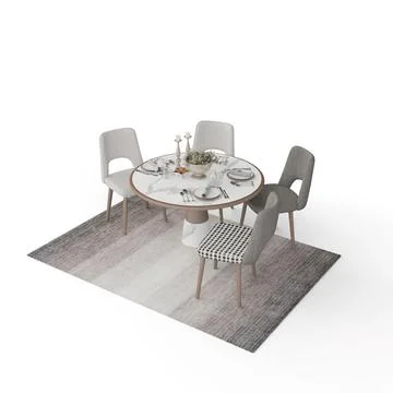3D illustration of a marble table with white and gray chairs on a rug isolated o Stock Illustration