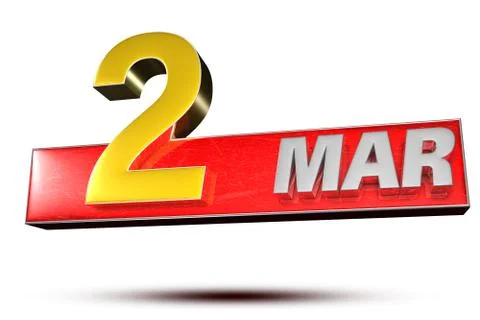 3D illustration March 2 isolated on a white background.(with Clipping Path). Stock Illustration