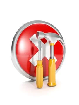 3d illustration: mark error screwdriver and hammer. call for help, not ustron Stock Illustration