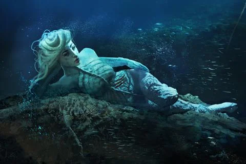 3d illustration of a mermaid siren creature relaxing on an under water reef i Stock Illustration