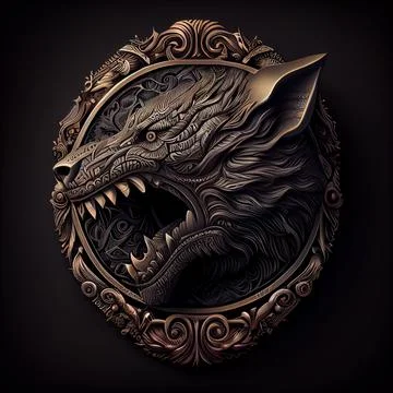 3D illustration of a metal evil wolf emblem on a patterned badge against the bla Illustrazione stock