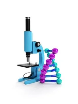 3d illustration: a microscope and a chain of dna. conduct research, make disc Stock Illustration