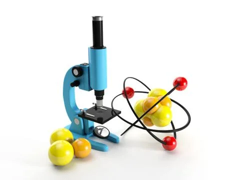 3d illustration: microscope and nuclear lattice. research discovery Stock Illustration