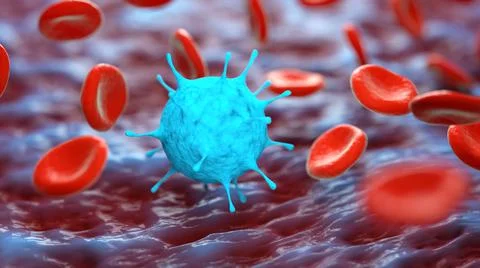 3D Illustration of microscopic  virus cell  and blood. Viral disease epidemic Stock Illustration