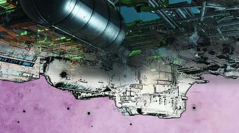 3d illustration - mix from 3d model and sketch of alien sci-fi city Stock Illustration