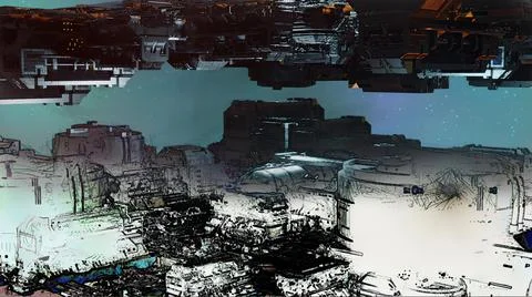 3d illustration - mix from 3d model and sketch of alien sci-fi city Stock Illustration