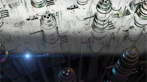 3d illustration - mix from 3d model and sketch of alien sci-fi city Stock Illustration