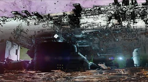 3d illustration - mix from 3d model and sketch of alien sci-fi city Stock Illustration