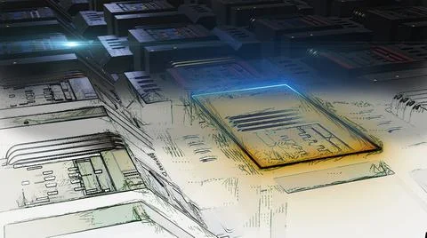 3d illustration - mix from 3d model and sketch of alien sci-fi city Stock Illustration