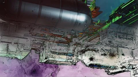 3d illustration - mix from 3d model and sketch of alien sci-fi city Stock Illustration