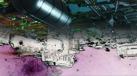3d illustration - mix from 3d model and sketch of alien sci-fi city Stock Illustration