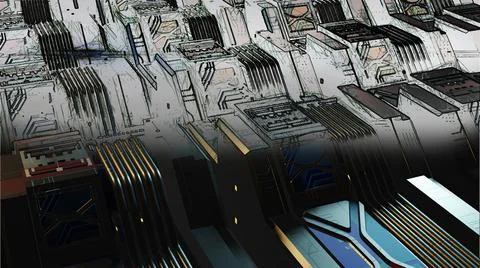 3d illustration - mix from 3d model and sketch of alien sci-fi city Stock Illustration