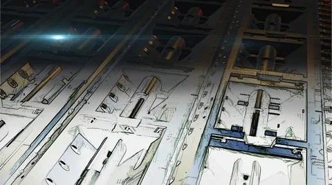 3d illustration - mix from 3d model and sketch of alien sci-fi city Stock Illustration