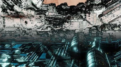 3d illustration - mix from 3d model and sketch of alien sci-fi city Stock Illustration