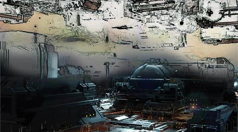 3d illustration - mix from 3d model and sketch of alien sci-fi city Stock Illustration