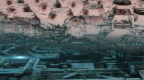 3d illustration - mix from 3d model and sketch of alien sci-fi city Stock Illustration