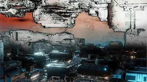 3d illustration - mix from 3d model and sketch of alien sci-fi city Stock Illustration