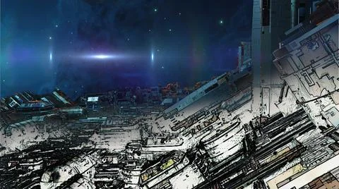 3d illustration - mix from 3d model and sketch of alien sci-fi city Stock Illustration