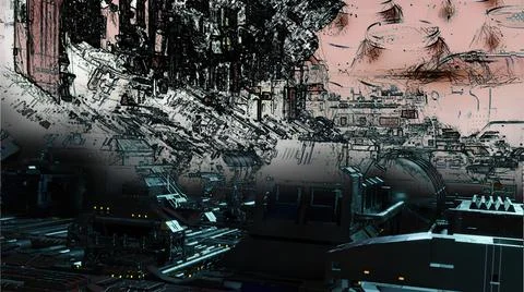 3d illustration - mix from 3d model and sketch of alien sci-fi city Stock Illustration