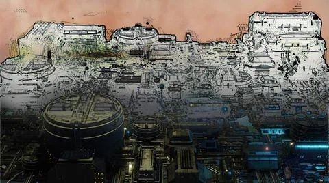 3d illustration - mix from 3d model and sketch of alien sci-fi city Stock Illustration