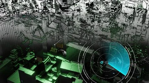 3d illustration - mix from 3d model and sketch of alien sci-fi city Stock Illustration