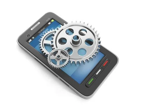 3d illustration: mobile technologies, a group of gears and a mobile phone. us Stock Illustration