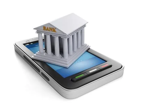 3d illustration: mobile technology. mobile banking, mobile phone and bank bui Stock Illustration