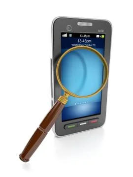 3d illustration: mobile technology. mobile phone and a magnifying glass to fi Stock Illustration