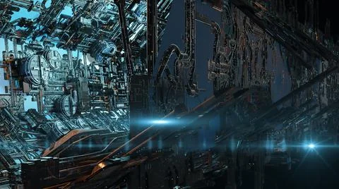 3d illustration - Model of alien sci-fi city with optical flares Stock Illustration