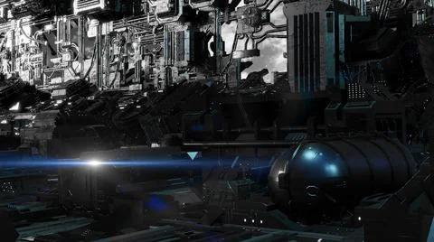 3d illustration - Model of alien sci-fi city with optical flares Stock Illustration