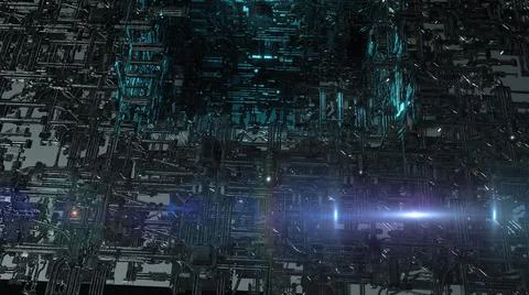 3d illustration - Model of alien sci-fi city with optical flares Stock Illustration