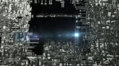 3d illustration - Model of alien sci-fi city with optical flares Stock Illustration