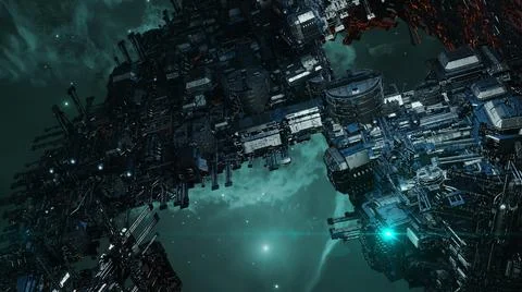 3d illustration - Model of alien sci-fi city with optical flares Stock Illustration
