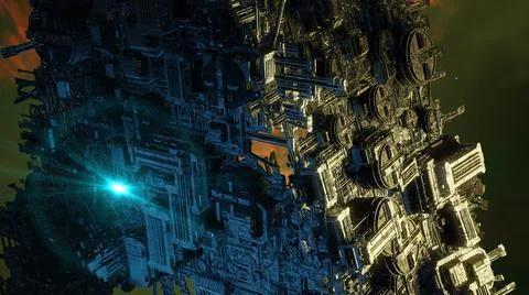 3d illustration - Model of alien sci-fi city with optical flares Stock Illustration