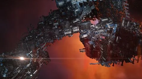 3d illustration - Model of alien sci-fi city with optical flares Stock Illustration