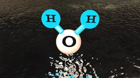 3D Illustration model of the water molecule H2O, H2O floating over water ,wat Stock Illustration