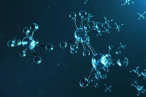3D illustration molecule structure. Scientific medical background with atoms and Illustrazione stock