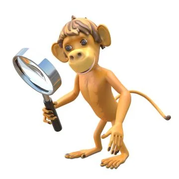 3D Illustration Monkey with Magnifier Stock Illustration