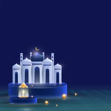 3D Illustration of Mosque Over Podium with Illuminated Lantern, Golden Pear.. Stock Illustration