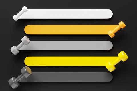 3D illustration of multi-colored dumbbells on blank strips for your design on Stock Photos