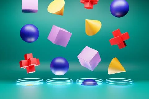 3D illustration of multi-colored volumetric geometric shapes falling into a p Stock Illustration