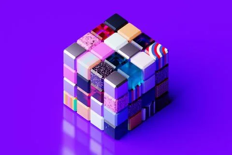 3D illustration of a multicolored cube from many geometric objects of differe Stock Illustration