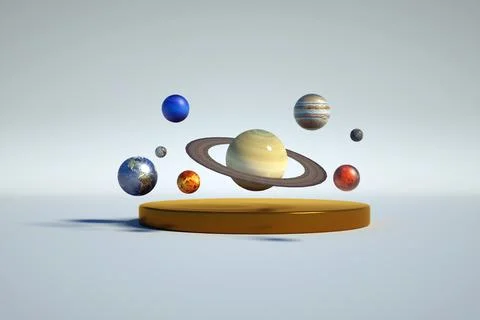 3D illustration of multicolored objects of the planet and rings around it Stock Illustration