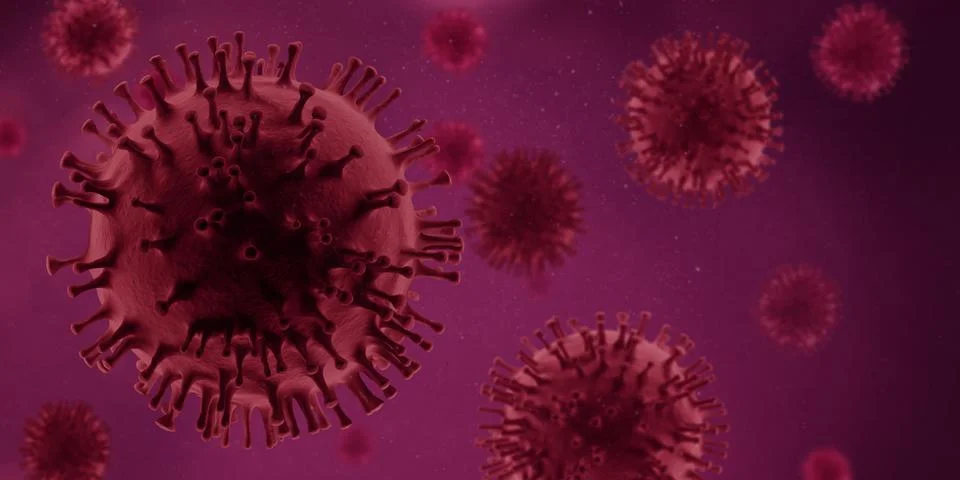 3D illustration of multiple coronavirus cells against a red background Stock Illustration